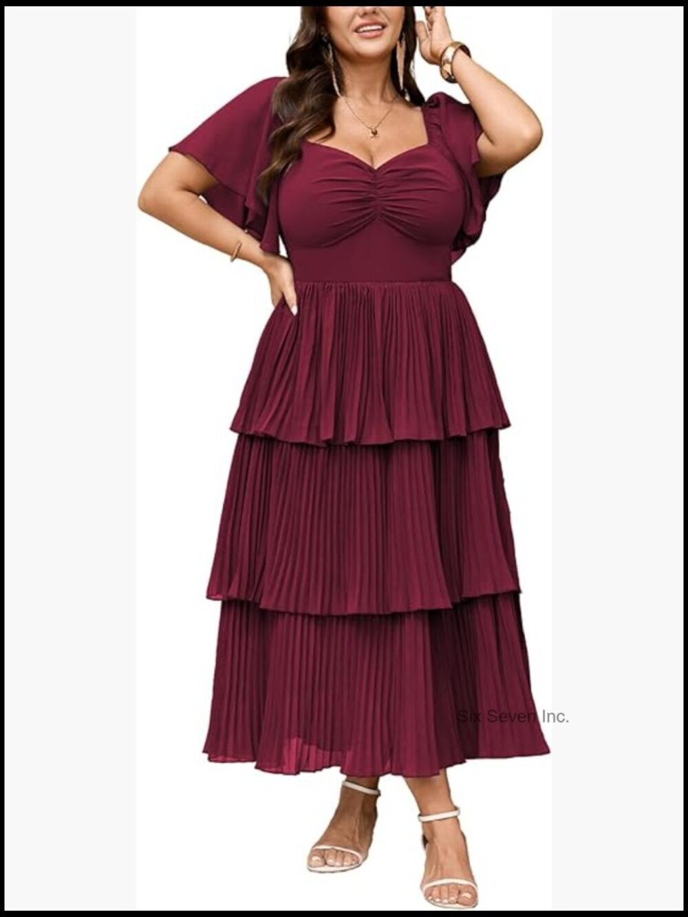 Plus Size Formal Wedding Guest Evening Dress Short Sleeve Pleated Tiered Chiffon